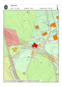 Situasjonsplan som viser tomtens form, høydeforhold (konturlinjer), naboeiendommer, veier og planlagte inngrep som utbyggingsområder.