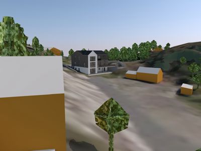 3D-visualisering av et boligområde med flere hus og natur.