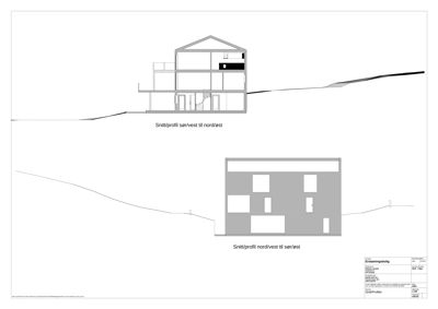 Snittegning av en bygning med to snittprofil vist: 'Snitt/profil sør/vest til nord/øst' og 'Snitt/profil nord/vest til sør/øst'.