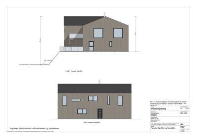 Fasadetegning som viser bygningens utseende sett fra sør/øst og nord/øst med mål og detaljer.