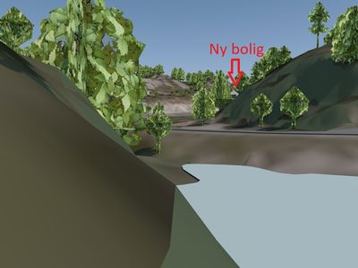 3D-visualisering av et planlagt boligområde med terreng, vegetasjon og en markert plassering for en ny bolig.