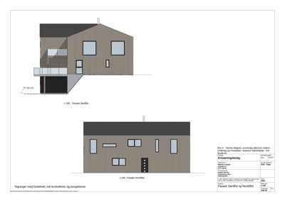 Bildet viser to fasadetegninger av en bolig, en sett fra sørøst og en fra nordøst, med målstørrelse 1:100.