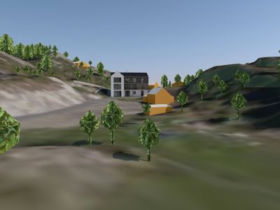 3D-visualisering av et planlagt bygg i et landskap med skog og åser.