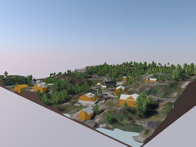 3D-visualisering av et boligområde på et skrått terreng med flere hus og trær.