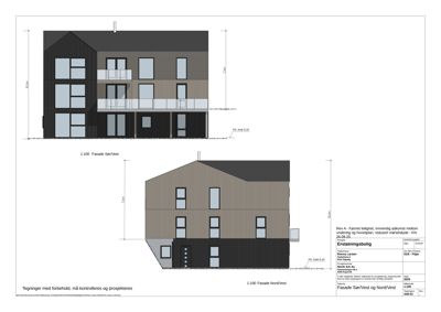 Fasadetegning som viser bygningens utseende sett fra to sider (Sør/Vest og Nord/Vest) med mål og detaljer.