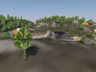 3D-visualisering av et hus i et skogkledt landskap med flere andre hus i bakgrunnen.