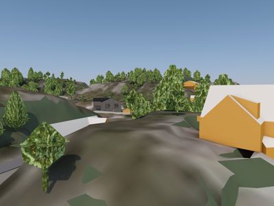 3D-visualisering av et boligområde med hus og skog.