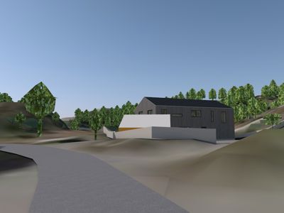 3D-visualisering av et planlagt hus i et landskap.