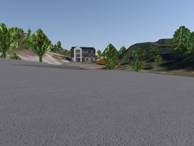 3D-visualisering av et hus i et landskap med trær og bakker.