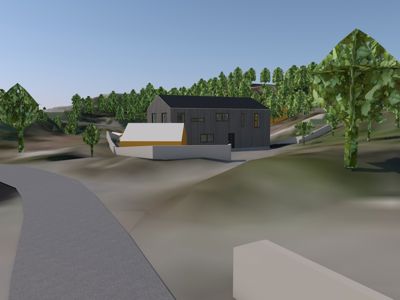 3D-visualisering av et planlagt hus i et landskap.