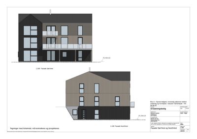 Fasadetegning som viser bygningens utseende sett fra Nord/Vest og Sør/Vest.
