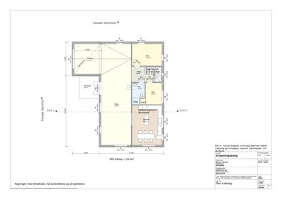 Etasjeplan (loftset) med romfordeling, mål og fasadeindikasjoner