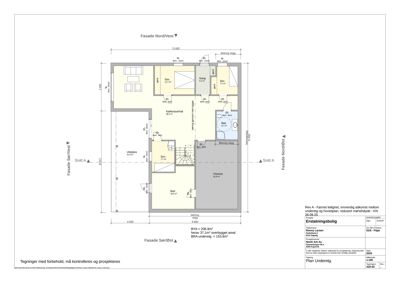 Etasjeplan (plan A) som viser romfordeling, stue, soverom, kjøkken og bad med mål og innvendige dører.