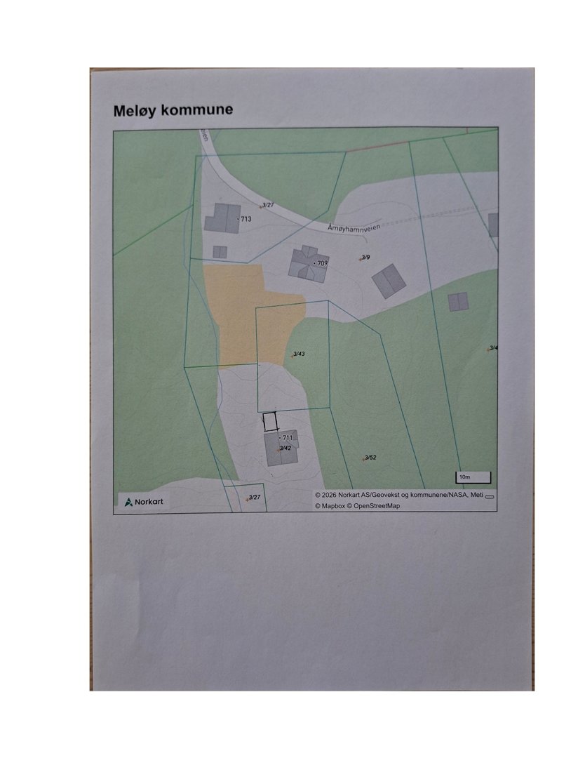 Kart over Meøy kommune som viser eiendomsinndeling, vegnett og høydemål.