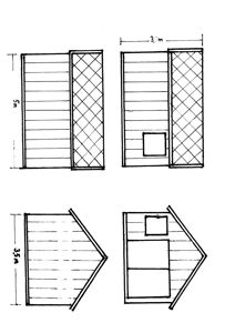 Tegning som viser detaljerte oppriss av en liten bygning (trolltun) med mål på fasadene og taket.