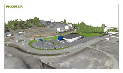 3D-visualisering av en nybyggprosjekt med omgivende infrastruktur, parkering og terreng.