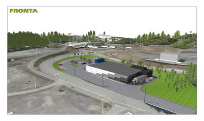 3D-visualisering av et byggprosjekt med omgivende infrastruktur, veier og vegetasjon.