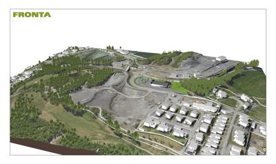 3D-visualisering (rendering) av et bolig- og næringsområde med omgivende natur, veier og parkeringsplasser.