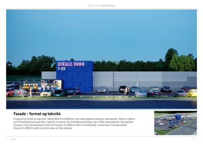 3D-visualisering av en REMA 1000-butikk med skilt, parkeringsplass og omgivelser.