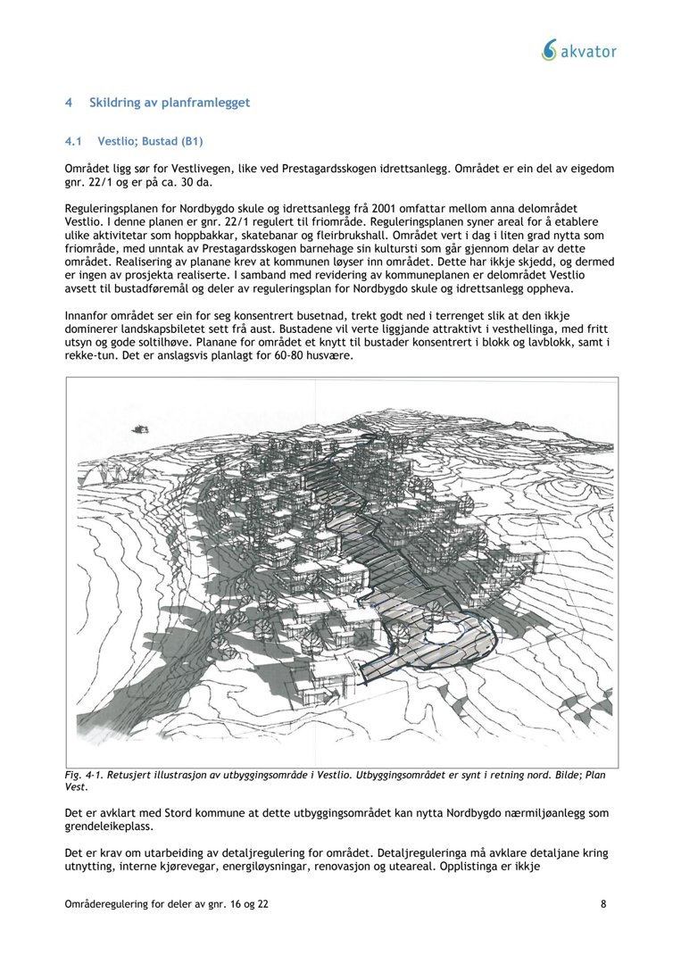 Retusjert illustrasjon (3D-rendering) av et utbyggingsområde (Vestlio) med terrengkonturer og bygninger.