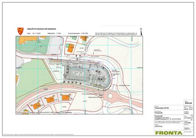 Situasjonsplan (kart) som viser bygningens plassering i forhold til vei, naboeiendommer og topografi.