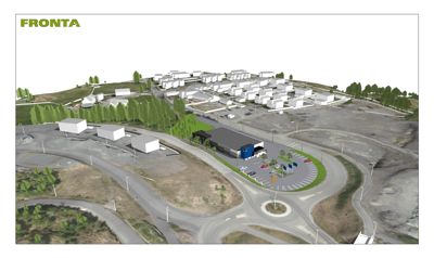 3D-visualisering av et nytt byggprosjekt med omgivende infrastruktur, veier og parkering.