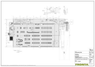 Etasjeplan (Plan 1. etasje) som viser romfordeling, møblering og arealoppdelinger for Fronta AS.