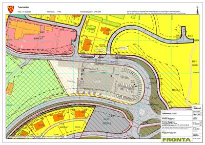 Situasjonsplan for et byggefelt med angitte arealer, vegforhold og regulering.