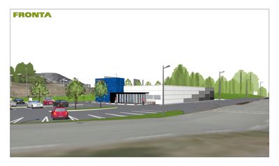 3D-visualisering av en planlagt bygning sett fra utsiden, inkludert omgivelsene som parkeringsplass, veier og trær.