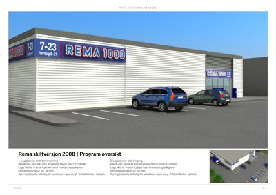3D-visualisering av en REMA 1000-butikk med skilt og parkeringsplasser.