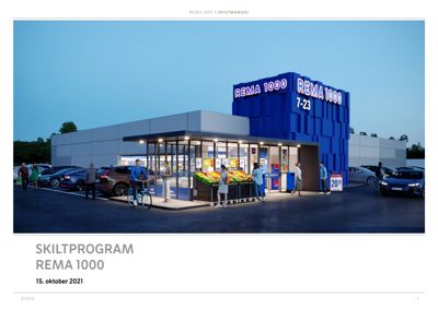 3D-visualisering (rendering) av en REMA 1000-butikk med skiltprogram, inkludert bilplassering og omgivelsene.