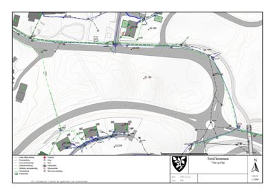 Situasjonsplan fra Stord kommune som viser tomtens beliggenhet, topografi, eksisterende og planlagte infrastruktur (veier, ledninger) samt bygninger.
