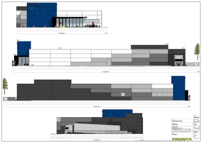 Fasadetegning som viser bygningens utseende fra fire sider (Nord, Sør, Vest, Øst) med mål og detaljer.