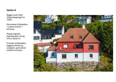 Fotografi av en eksisterende bygning (Fjellien 9) sett fra luften, med tilhørende tekst om bygningens historie og ønske om tilbakføring.