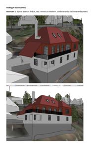 3D-visualisering av et hus med to alternativer for fasade og takform