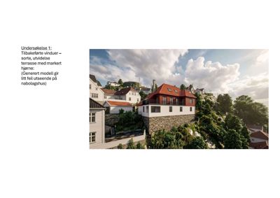 3D-visualisering av en bygning med tilhørende tekstbeskrivelse.