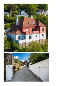 Fotografier av en eksisterende bygning (hus) sett fra ulike vinkler. Øverste bilde viser fasaden og taket, nederste bilde viser en vei eller inngangsparti.