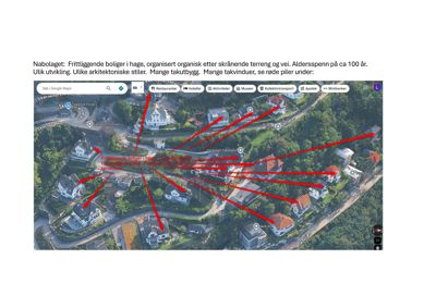 Satellittbilde (Google Maps) av et nabolag med overlagte røde pil og tekst som beskriver naboskapet.