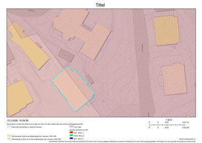 Kart over et område med bygninger, kulturminner og landbruk, med overlag av flyfoto fra 1961.