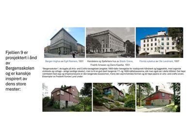 Et sammensatt bilde (collage) som viser fire ulike fotografier av bygninger, med tilhørende tekstbeskrivelser om arkitekter og stil. Bildet fungerer som en illustrasjon eller presentasjon av arkitektoniske eksempler.