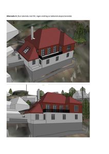 3D-visualisering (rendering) av to alternativer for en bygning sett fra en vinkel som viser fasade og takform.