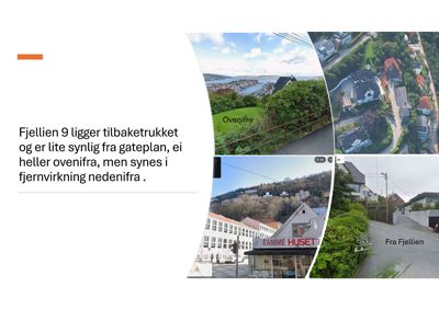 Et sammensatt bilde (collage) som viser fire ulike fotografier av et område, inkludert et flyfoto og bilder av bygninger og natur. Bildet er også rotert 180 grader.