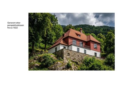 En 3D-visualisering (rendering) av en bygning sett fra utsiden, med tekst som bekrefter at det er generert etter en perspektivskisse.