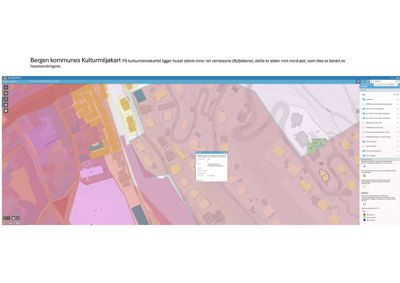 Bergen kommunes Kulturmiljøkart som viser et kartutsnitt med bygningsplassering og arealbruk.
