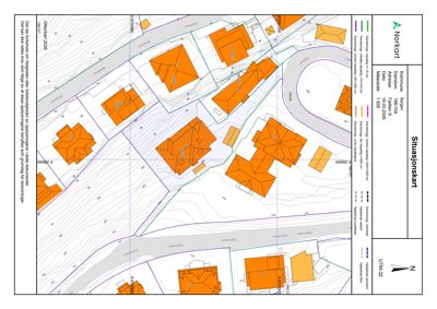 Situasjonskart (tomtekart) som viser eiendomsforhold, bygninger, vegnett og høydemålerlinjer for eiendommen Fjellien 9 i Bergen.