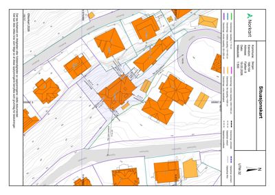 Situasjonskart (tomtekart) med bygningsplassering, høydemålerlinjer og vegnett.