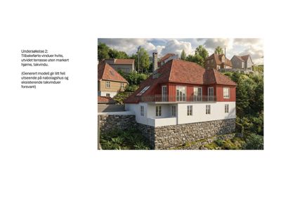 3D-visualisering av et hus med rød og hvit fasade, beliggende på en skråning. Bildet viser en illustrasjon av et planlagt eller eksisterende bygg.