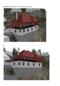 3D-visualisering av et husalternativ (Alternativ 2) med åpen veranda, sett fra en vinkel som viser fasade og omgivelser.