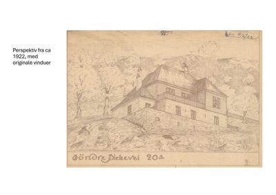 Et gammelt, håndtegnede perspektivtegning av en bygning (Dronning Eikevei 20) fra ca. 1922, som viser fasade og omgivelser.