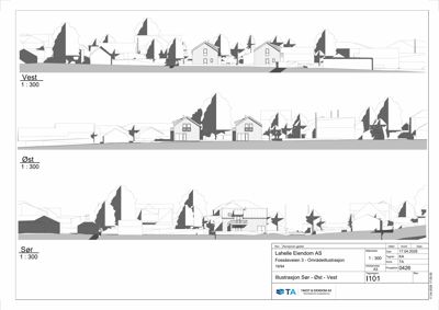 Fasadetegning som viser bygningens utseende fra fire ulike retninger (Vest, Øst, Sør og Nord).